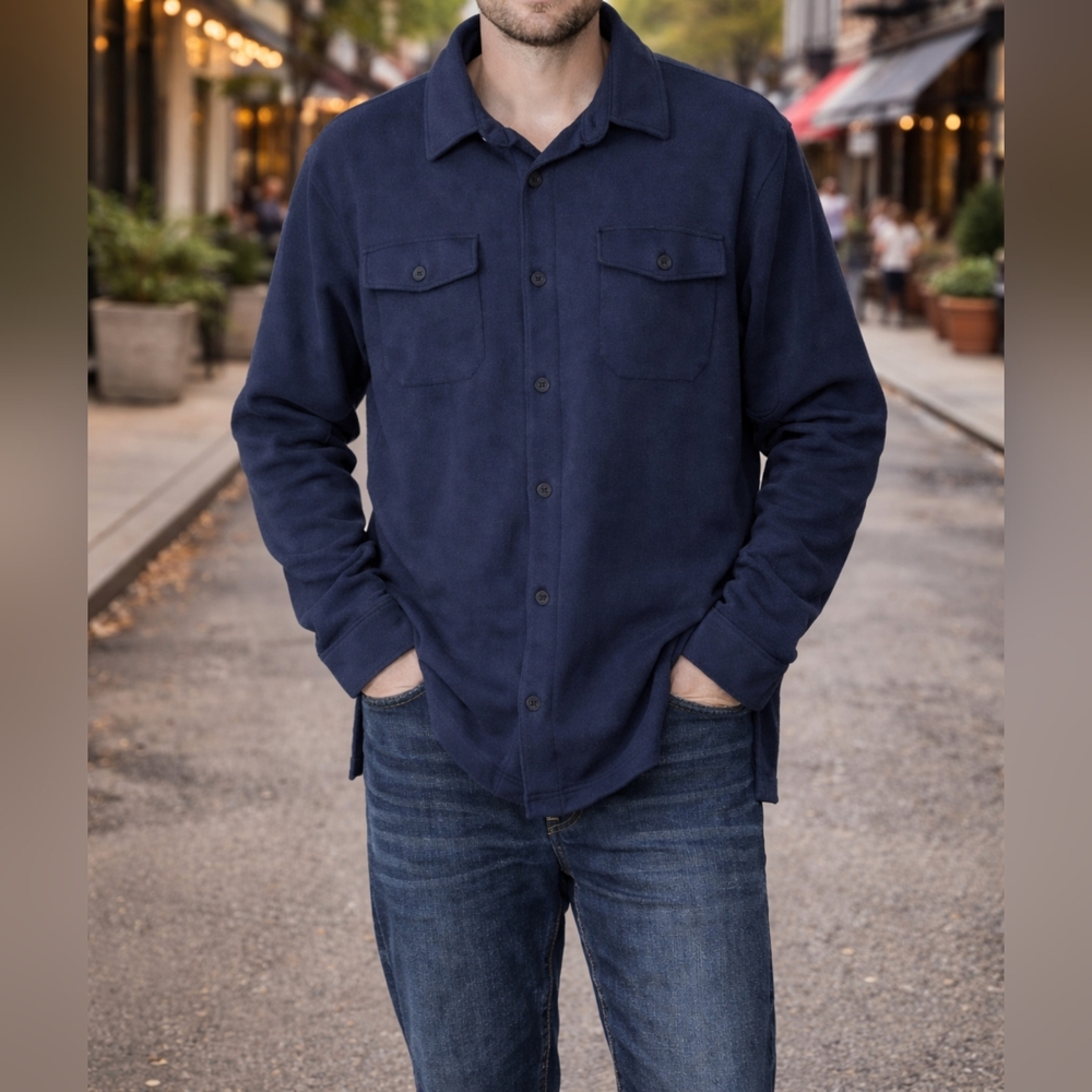 Old Navy Men's Button Down Long Sleeves Fleece Shirt Sweater Navy Size XL Tall